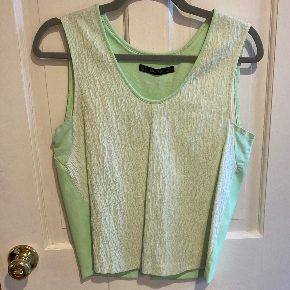 Zara medium Mint Green Women's Tank Top. Back is leather, there is a piece torn
